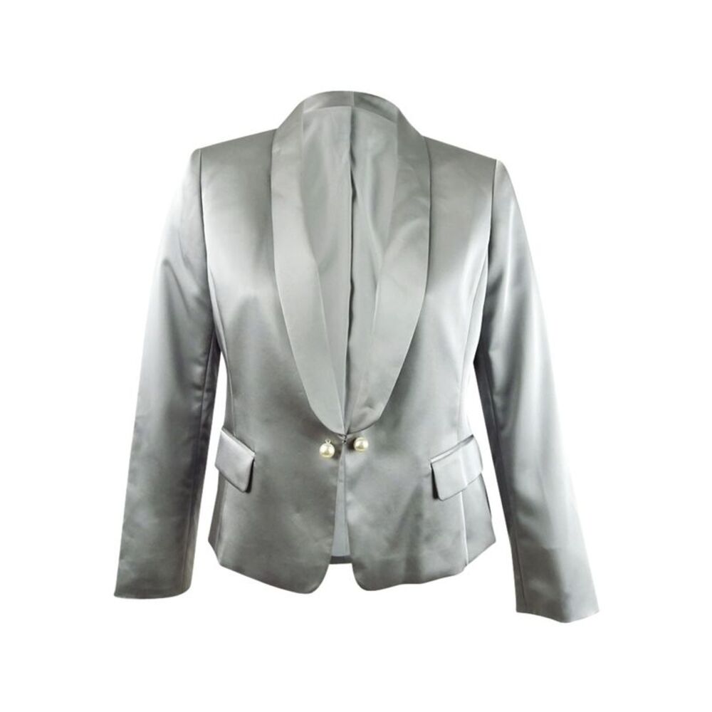 Tahari ASL Women's Petite Faux-Pearl-Trim Jacket (8P, Silver Grey)